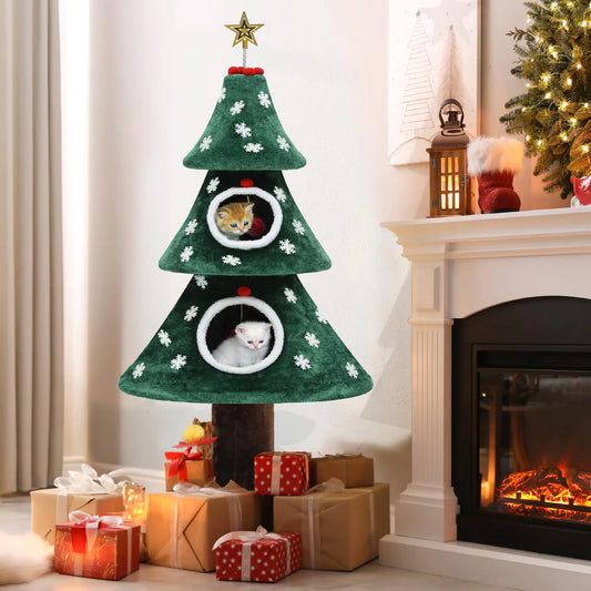 Festive Feline Christmas Cat Tree with Dual Houses